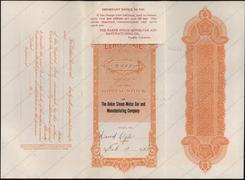 Baker Steam Motor Car and Manufacturing Company, Stock Certificate, Feburary 17, 1921, David Ogle